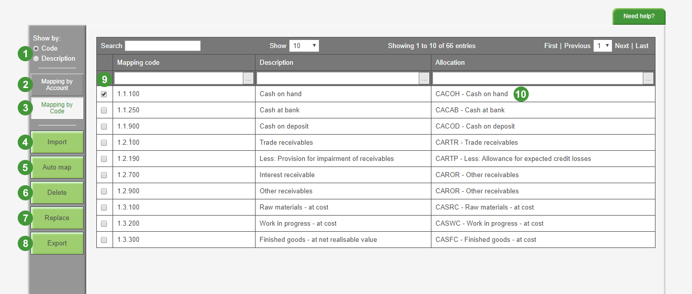 Image shows an excerpt of the Mapping by code screen in the Mapping module found in the software. The on-screen options have been numbered and correspond to the numbers in the table below.